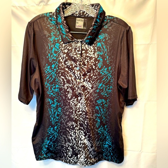 Lucky in Love Tops - Lucky In Love Teal Black White Short Sleeve Golf Tennis Polo Shirt Size XL (16)